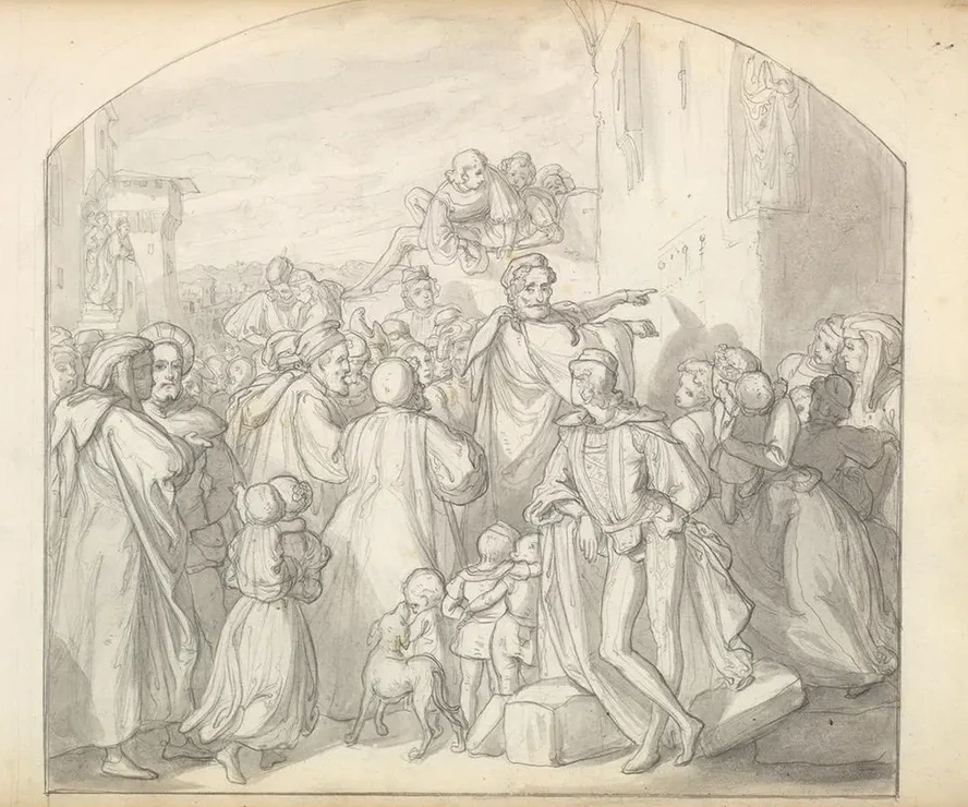 An Artist Drawing on Wall of a Church Watched by a Crowd