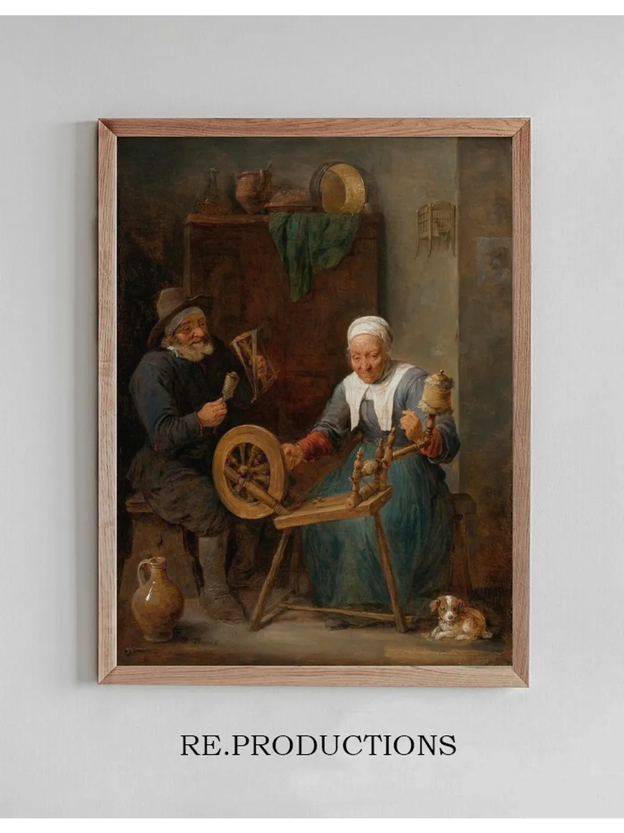 An Elderly Couple Spinning Woolin An Interior