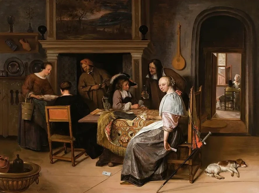An Elegant Company In An Interior With Figures Playing Cards At A Table
