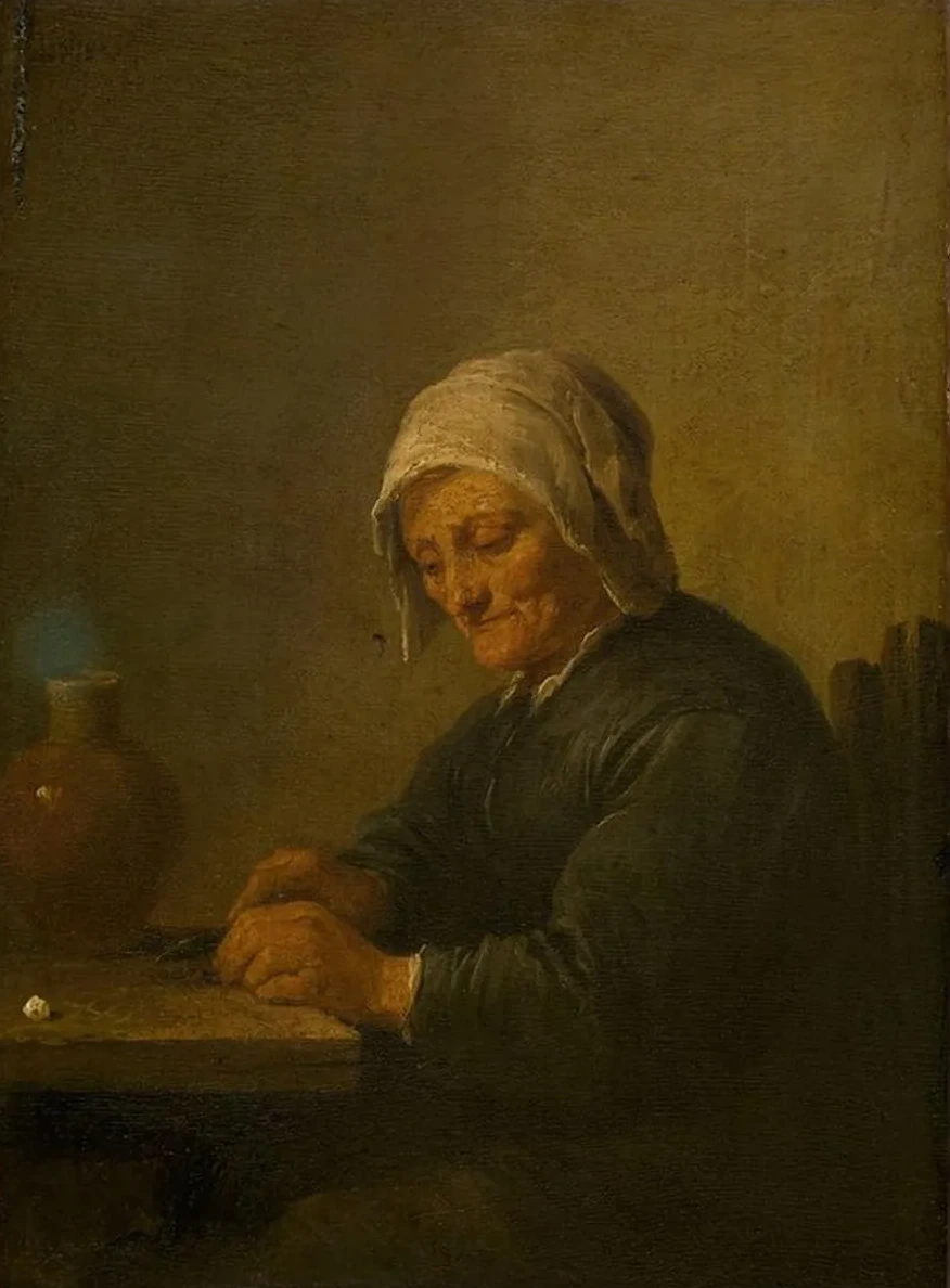 An Old Woman Cutting Tobacco
