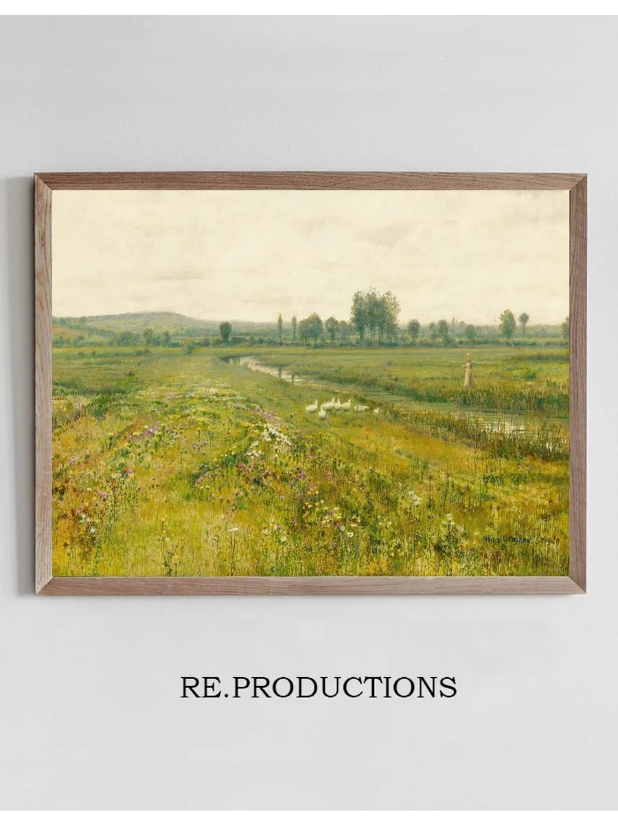 An Extensive Meadow Landscape with Geese by a Stream