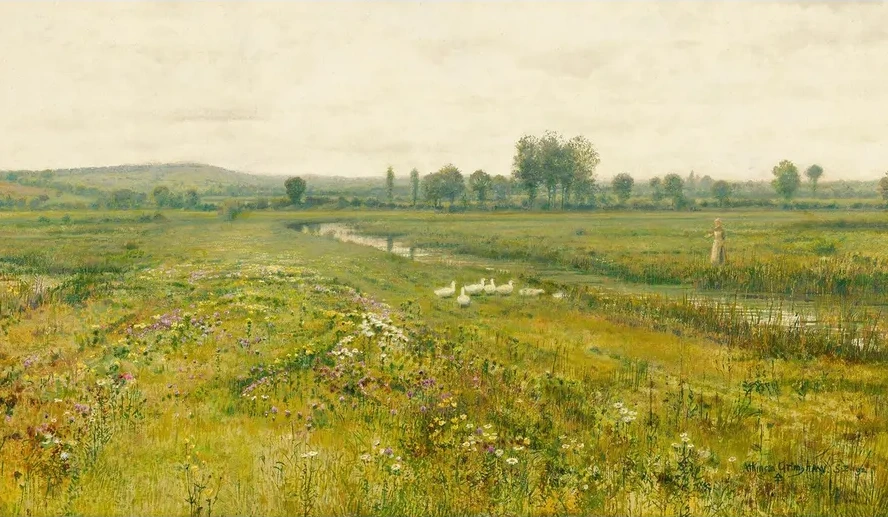 An Extensive Meadow Landscape with Geese by a Stream
