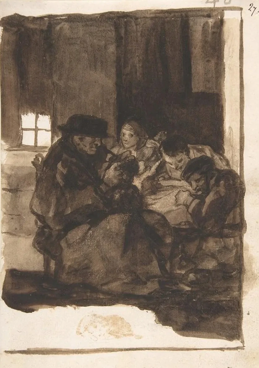 An Old Man Delousing a Boy in an Interior, Accompanied by Three Figures