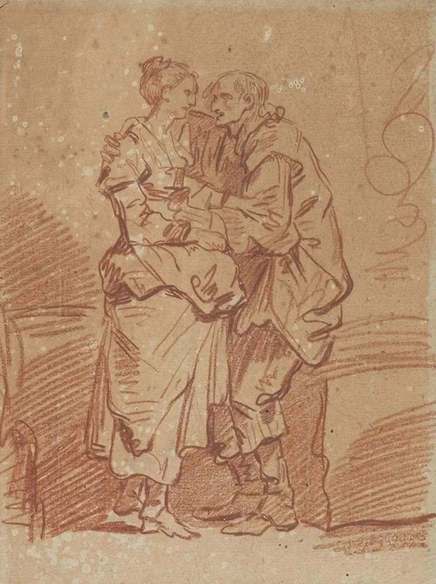 An Old Man with a Bag of Money Embracing a Young Woman