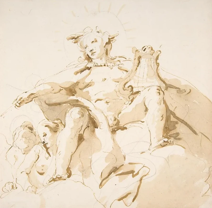 Apollo Seated on Clouds, Two Figures at Left