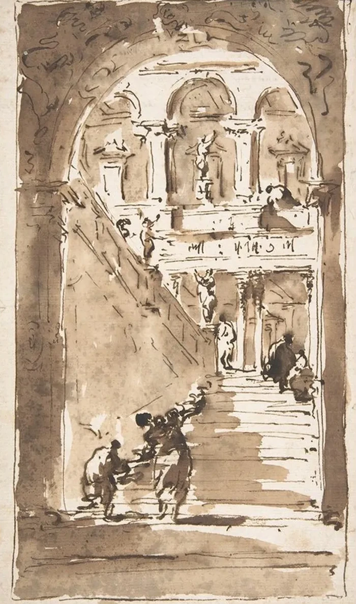 Architectural Fantasy Figures on a Grand Staircase