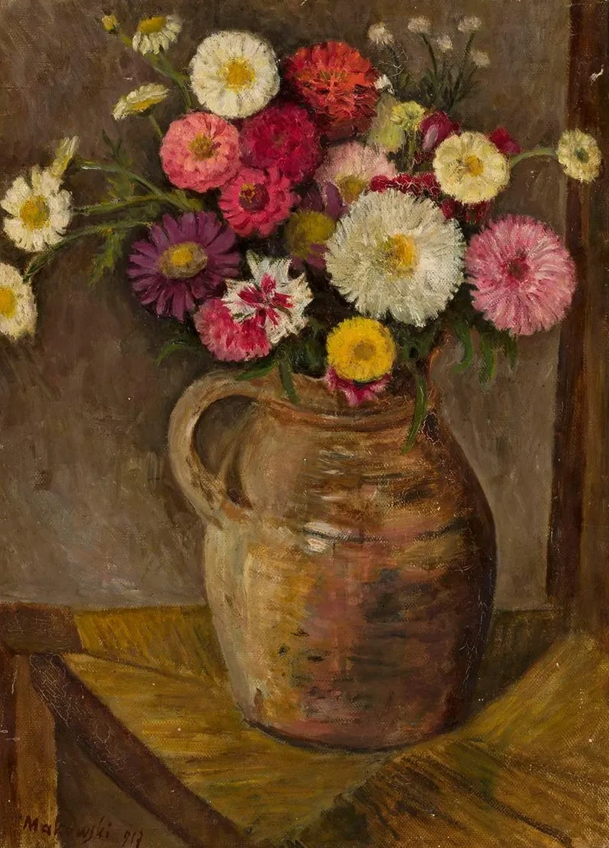 Asters and Zinnias in a Clay Jug