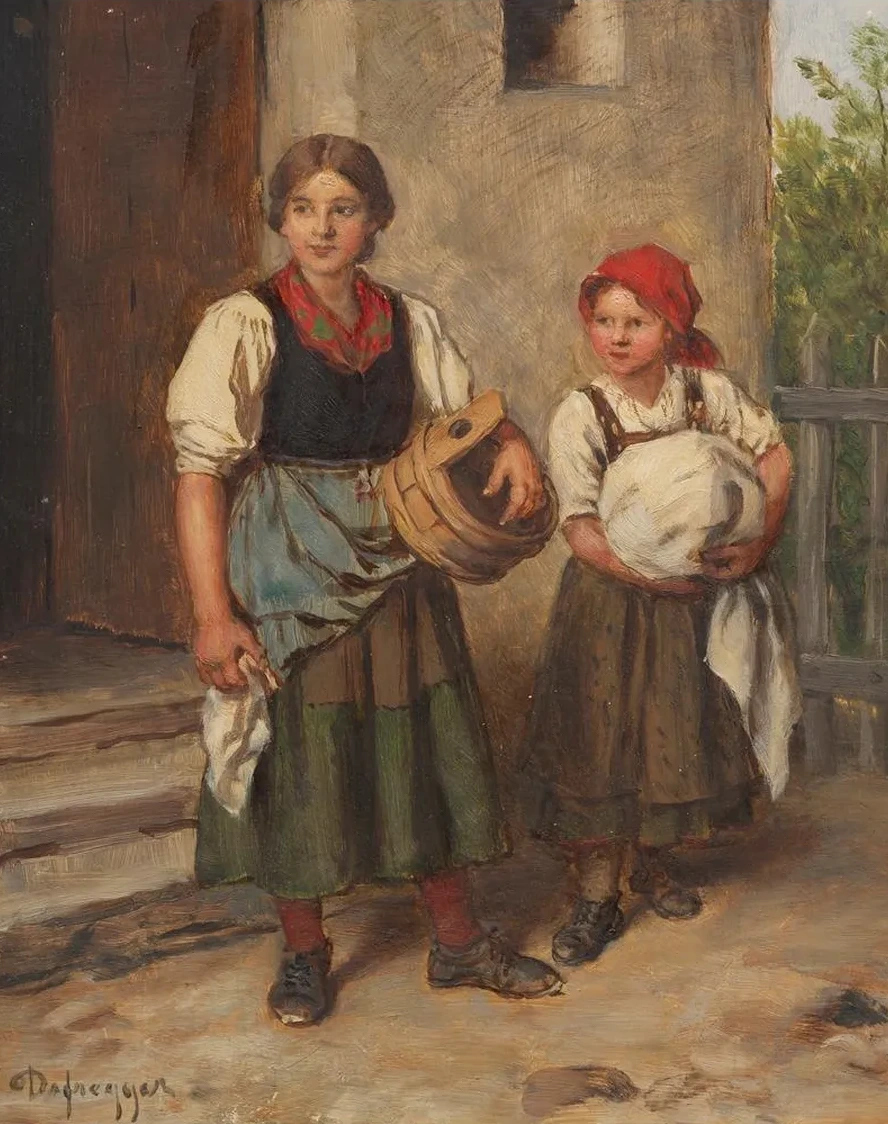 B Uerin Mit Dirndl Vor Dem Waschhaus