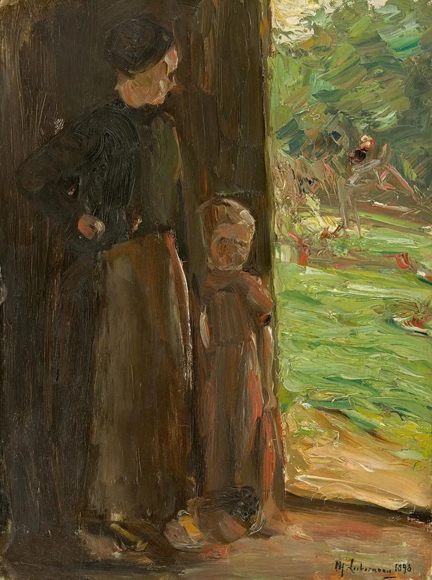 B uerin mit Kind unter der T r Frau und Kind in der Haust r