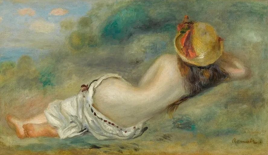 Baigneuse Allong e De Dos Avec Un Chapeau De Paille Or Femme Couch e Sur L herbe