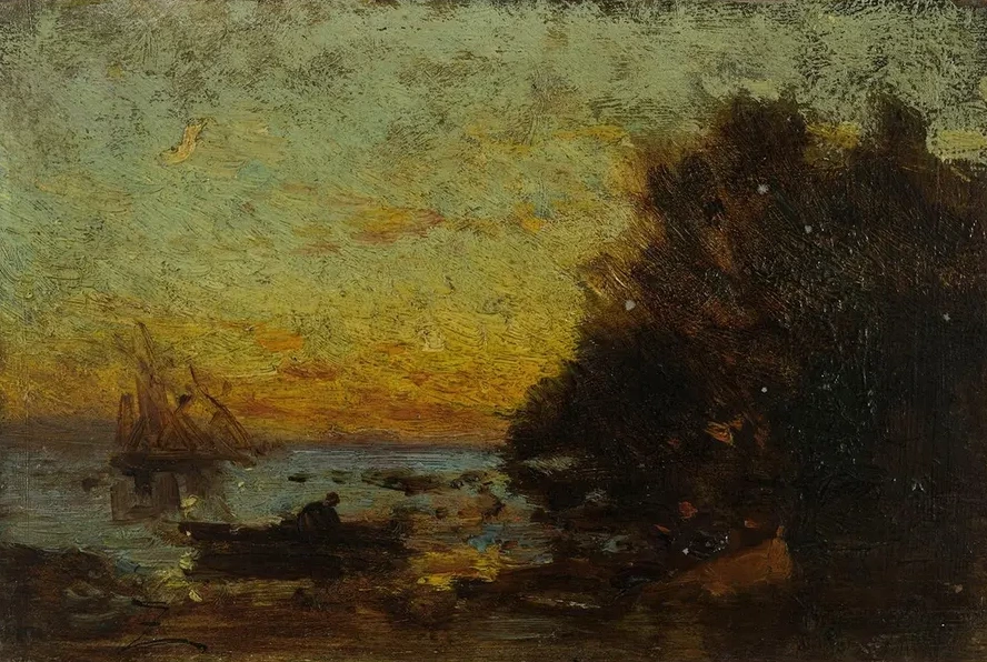 Barque et Voiliers, Coucher de Soleil. Au Revers Marine