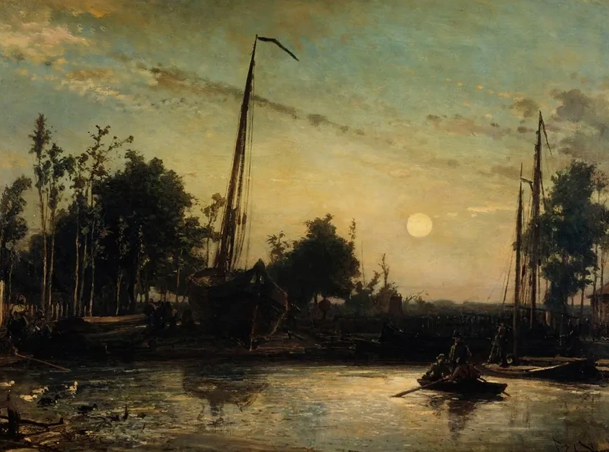 Bateau En Construction En Bord de Canal, Paysage Hollandais