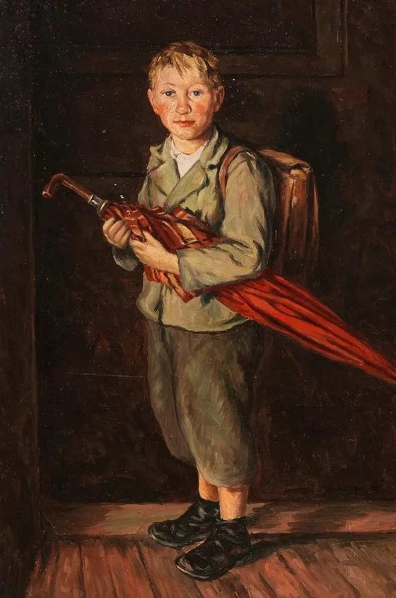 Bauernbub Mit Schirm Und Ranzen