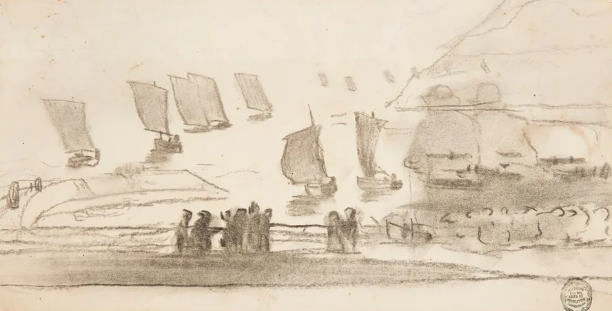 Beach Scene with People and Fishing Boats, Cullercoats, England