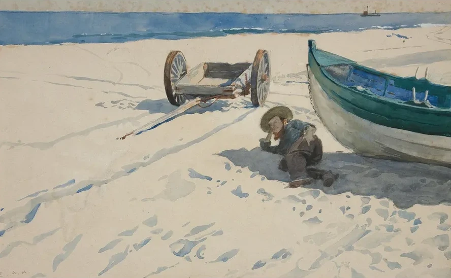 Beach scene with Man Resting in Shadow ofBoat