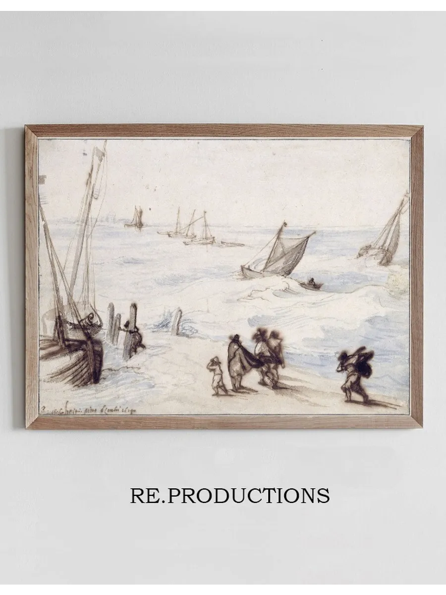 Beach with Sailboats and Stormy Sea