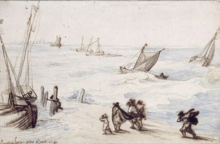 Beach with Sailboats and Stormy Sea