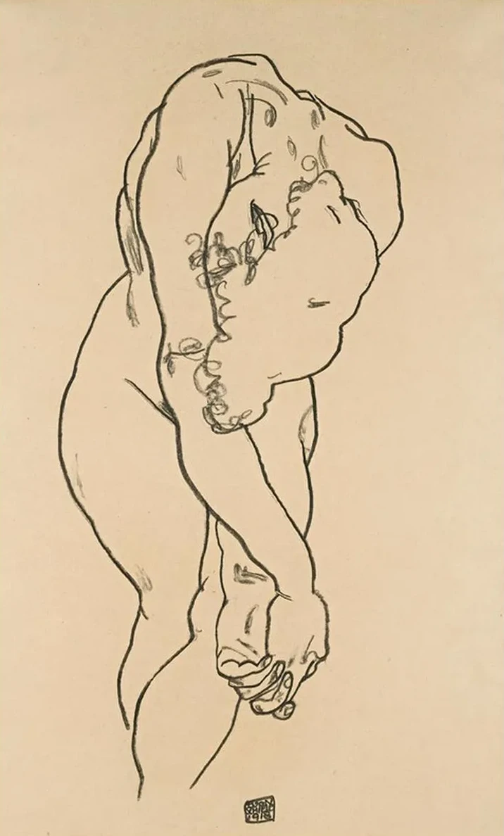 Bending Woman With Head Bowed And Crossed Hands