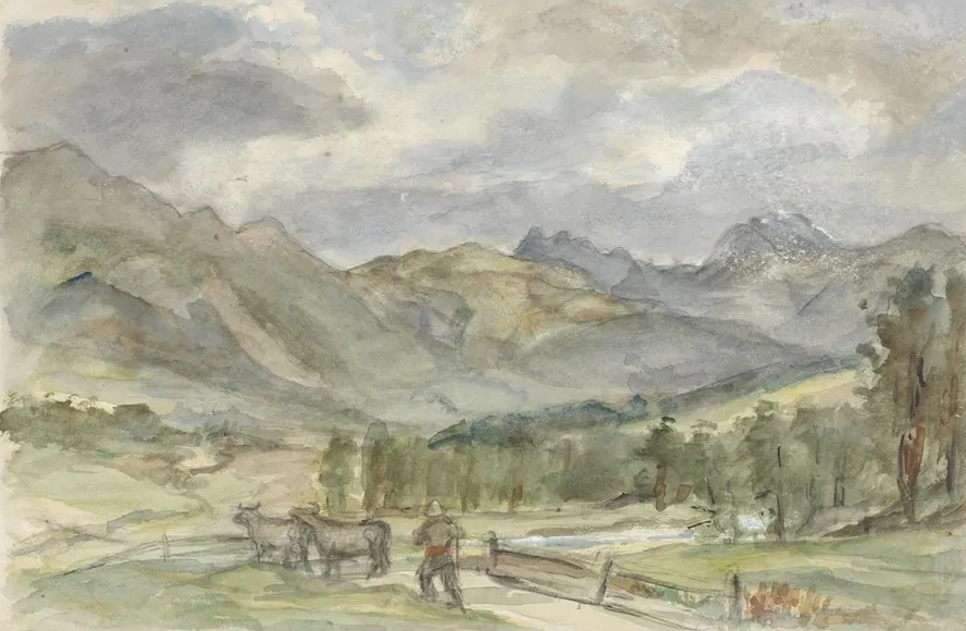 Berglandschap Met Veehoeder En Twee Koeien