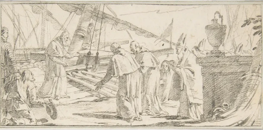 Bishops and Monks Being Received at a Ship by a Venerable Dignitary