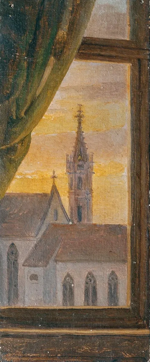 Blick Durch Ein Fenster Auf Einen Gotischen Kirchturm