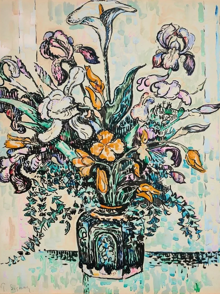 Bouquet (iris, Arum, Tulipes) Dans Un Vase D Andr Metthey