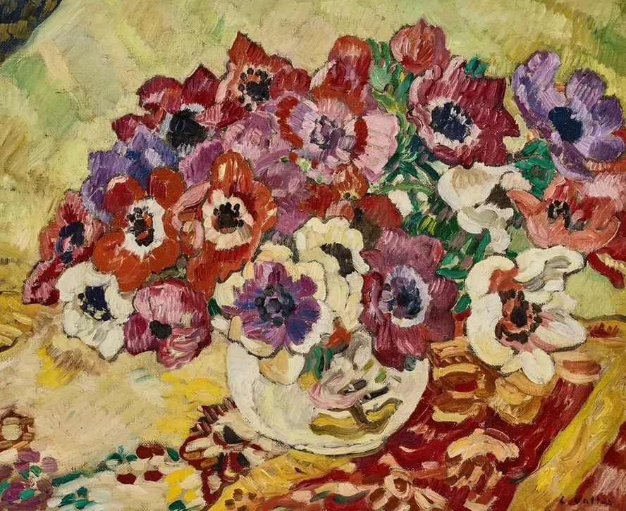 Bouquet D an Mones Au Vase L Oiseau Sur Fond Jaune