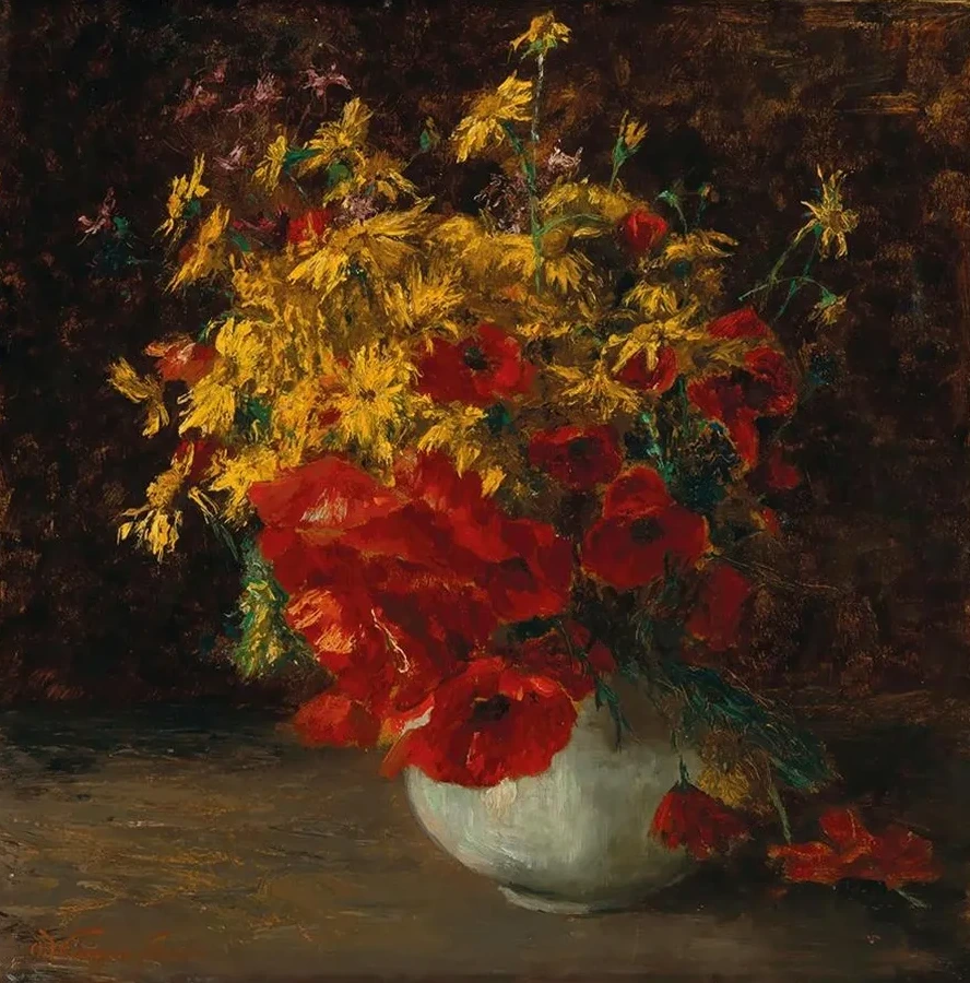 Bouquet of Forest Flowers, Poppies and Yellow Daisies in a Vase
