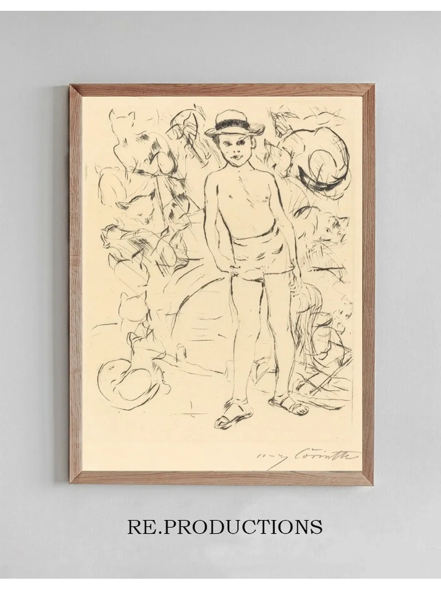 Boy Wearing Bathing - Trunks and Straw Hat (Knabe mit Badehose und Strohhut)