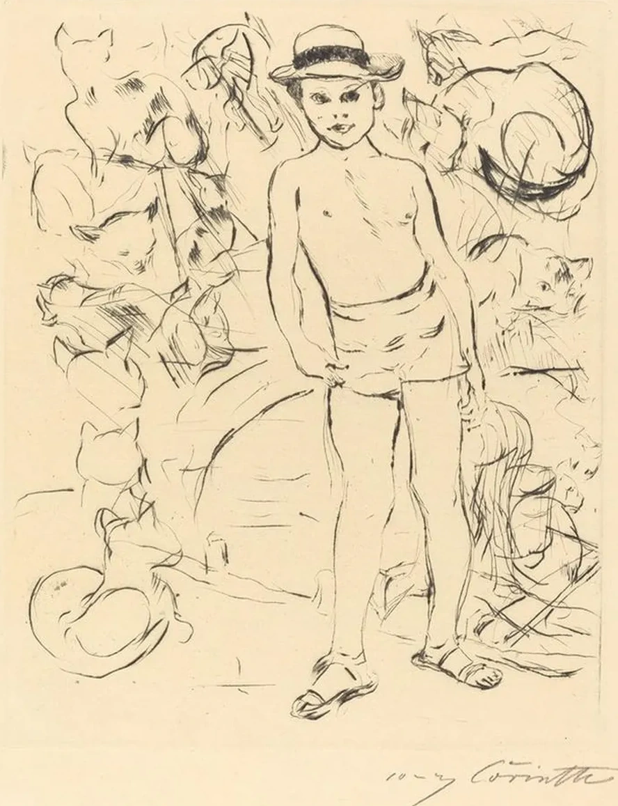 Boy Wearing Bathing - Trunks and Straw Hat (Knabe mit Badehose und Strohhut)