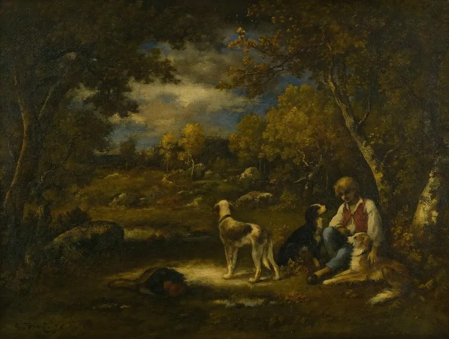 Boy With His Dogs In A Wood