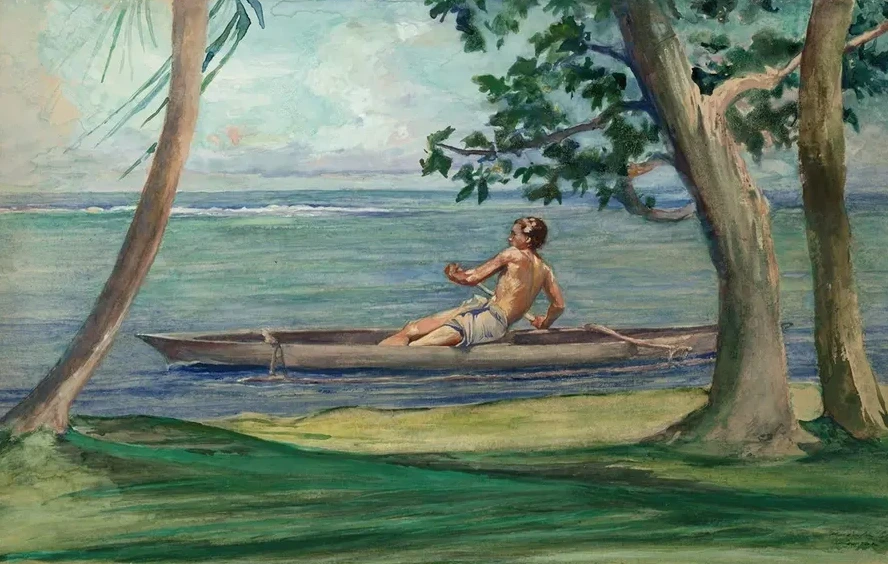 Boy in Canoe Passing in Front of Our House, Vaiala, Samoa