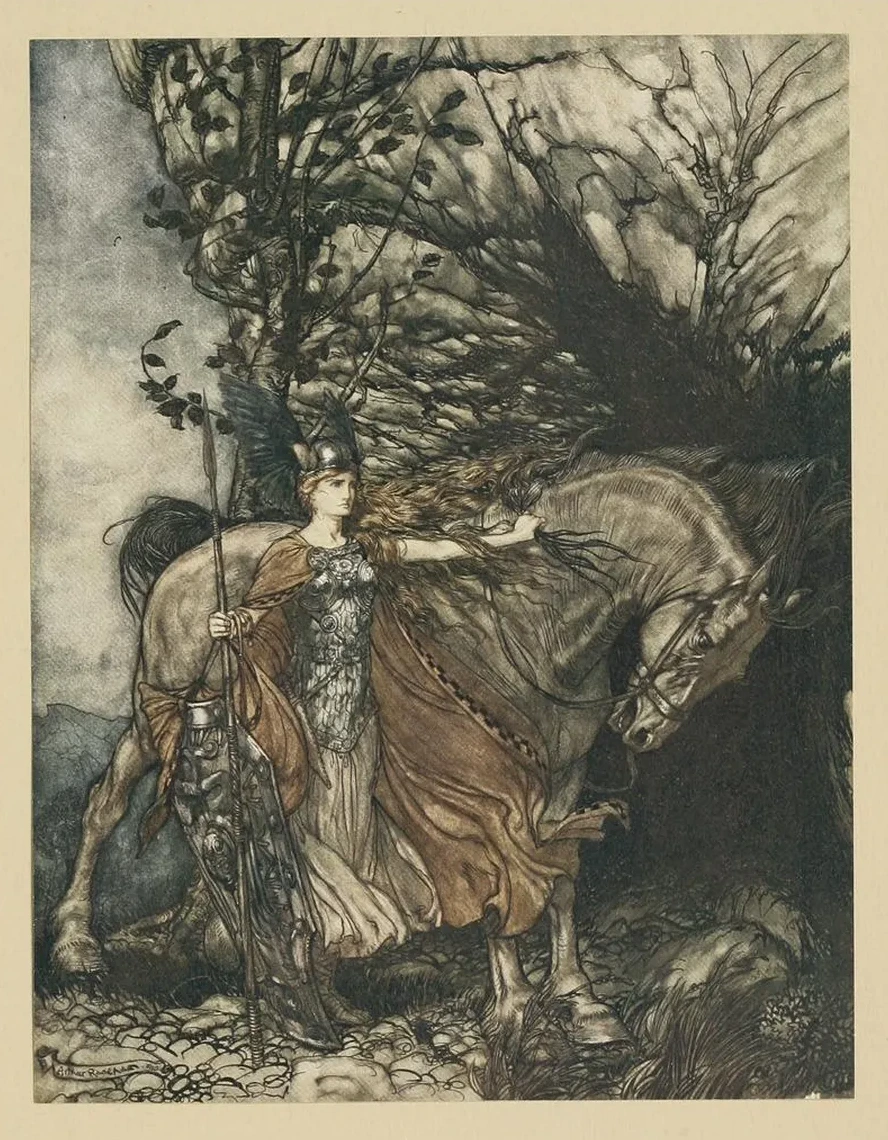 Brunnhilde with Her Horse, at the Mouth of the Cave