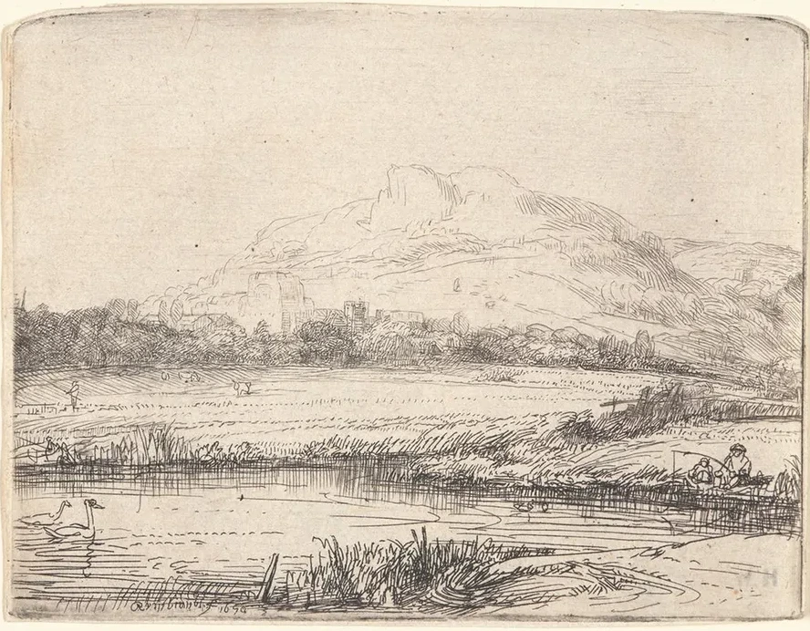 Canal with an Angler and Two Swans