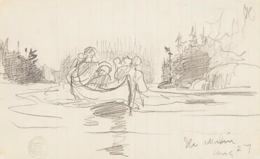 Canoe with Three Men, Ile Maligne, Quebec