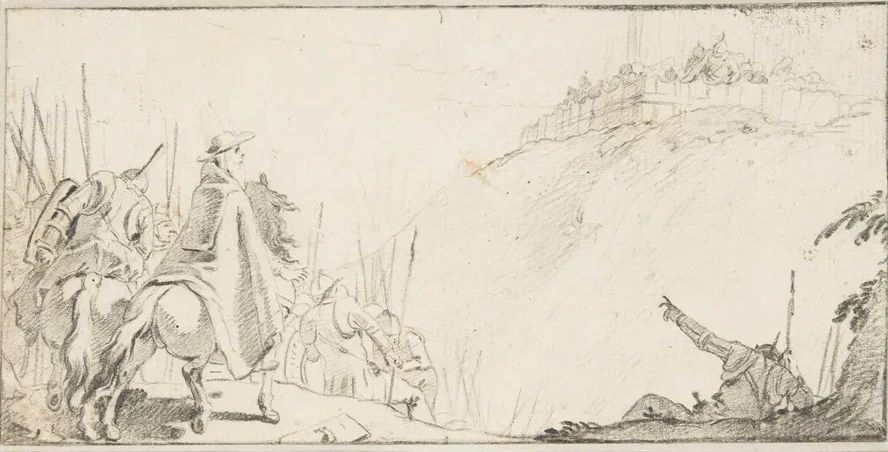 Cardinal with Troops Facing a Fortification on a Hilltop