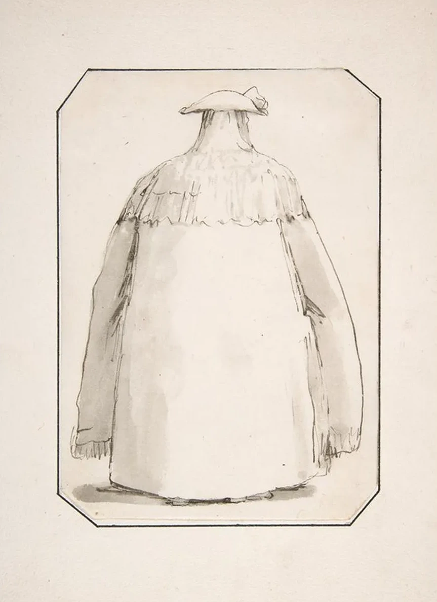 Caricature of a Fat Person Wearing a Long Cloak and a Tricorne, Seen from Behind