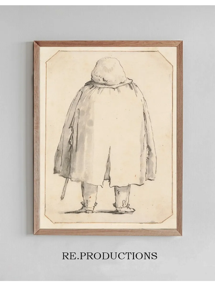 Caricature of a Man in a Voluminous Cloak, Carrying a Walking Stick, Seen from Behind