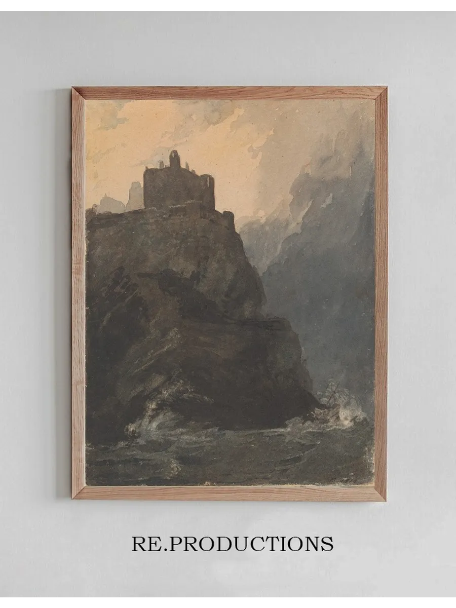 Castle on Cliff, with a Stormy Sea, and Shipwreck at Base of Cliff