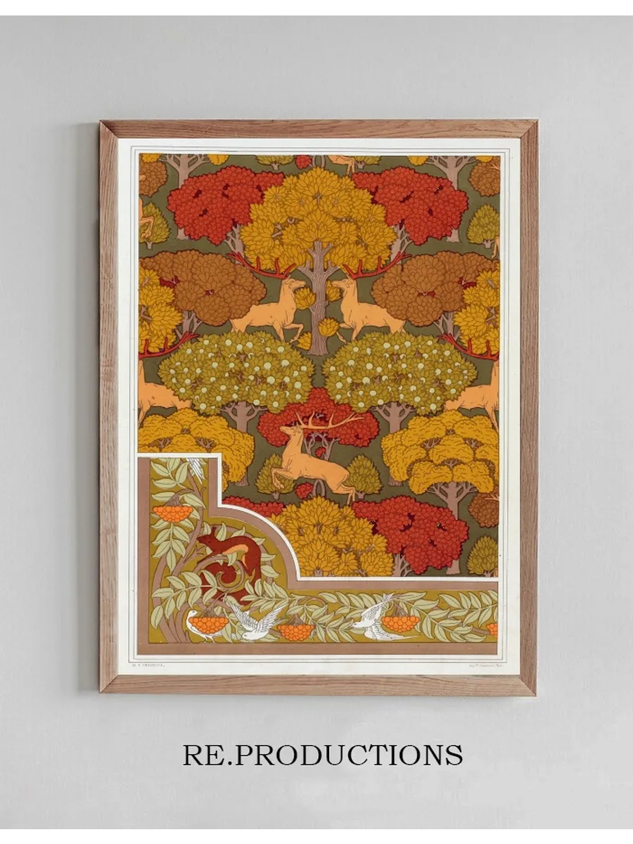 Cerfs et Arbres, Papier Peint. Cureuil Oiseaux et Sorbier, Bordure