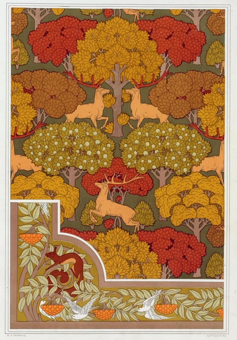 Cerfs et Arbres, Papier Peint. Cureuil Oiseaux et Sorbier, Bordure