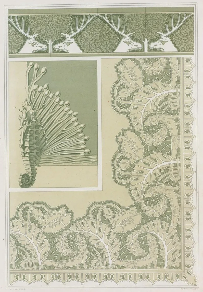 Cerfs et Noisetiers, Bordure, Carreaux C Ramiques Hippocampe et Algues, Pied de Coffret, Bronze L Zards et Pav
