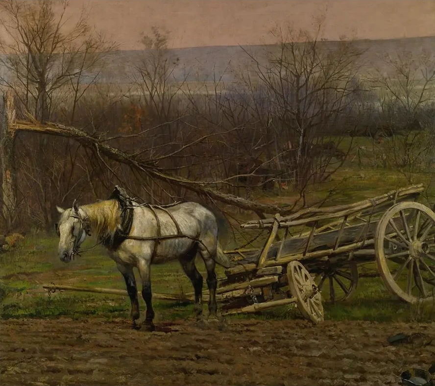 Charrette Attel e D un Cheval Blanc