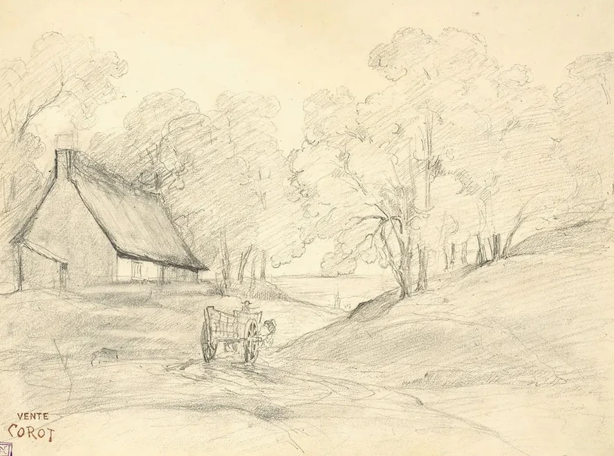 Chaumi Re Dans Un Paysage Arbor Avec Un Homme Dans Une Charrette