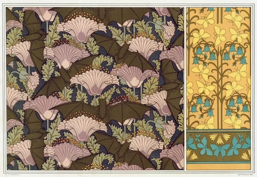 Chauves - Souris et Pavots, Tenture. Papillons et Campanules, Papier Peint