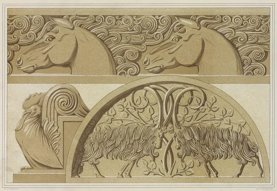 Chevaux, Frise En Pierre. Coq, Amortissement. Boucs, Tympan En Pierre Sculpt E