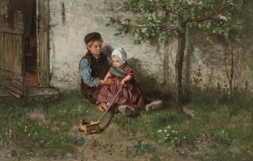 Children Playing with a Toy Wagon