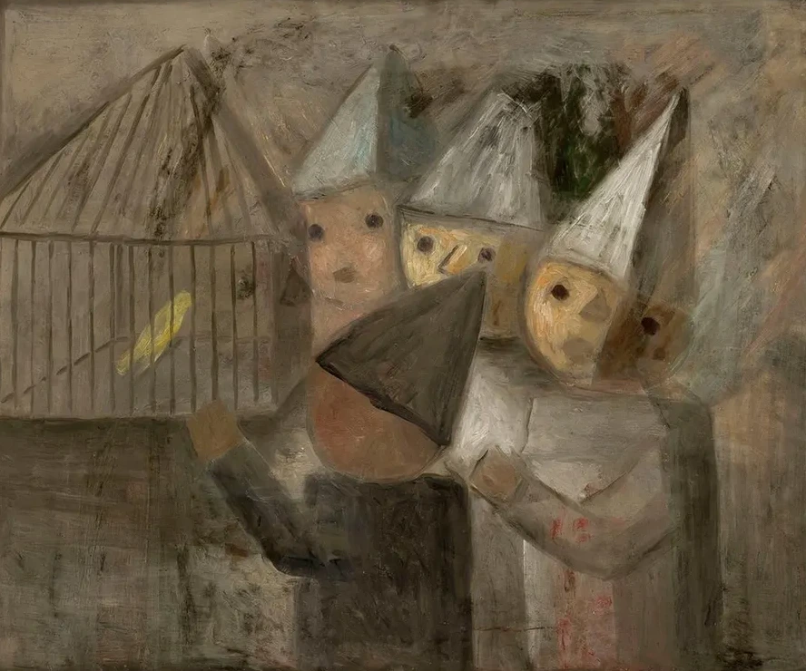 Children in Front of a Cage with a Canary