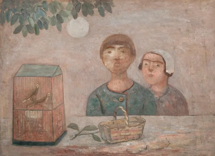 Children in Front of a Cage with Little Birds
