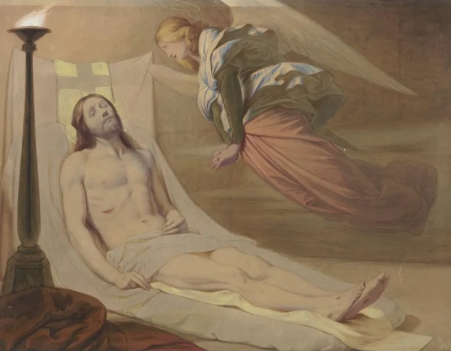 Christ in the Grave, a Mourning Angel Hovering Over Him